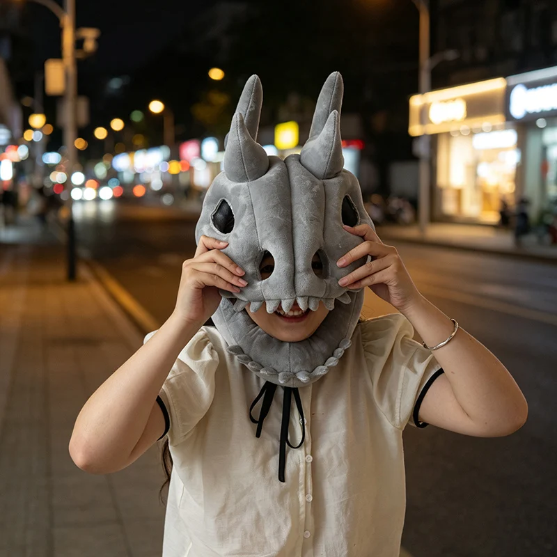 Skeleton Dragon Plush Hat Wear‑able Dinosaur Skull Headgear Plush Toy Long Bone Dragon Stuffed Cosplay Party Photo Prop Gift
