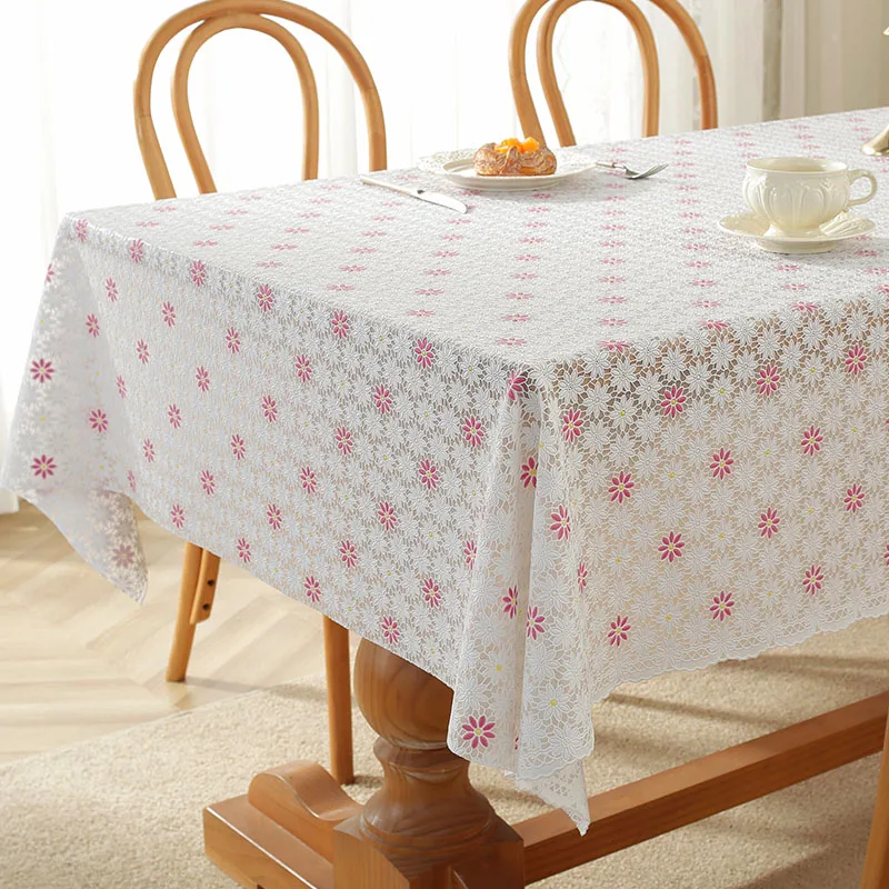 PVC Lace Tablecloth Waterproof Washable and Erasable Table Linen Tea Table Cloth Rectangular Table Cover Whitepink