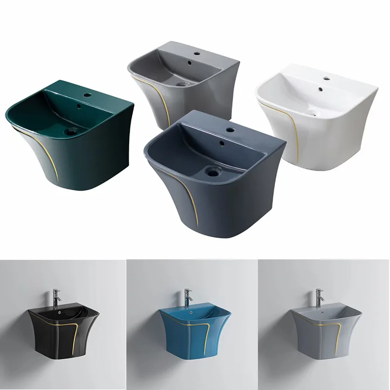 Wash basin electroplating light luxury straight punch one-piece wall-mounted wash basin ceramic one-piece hanging basin bathroom