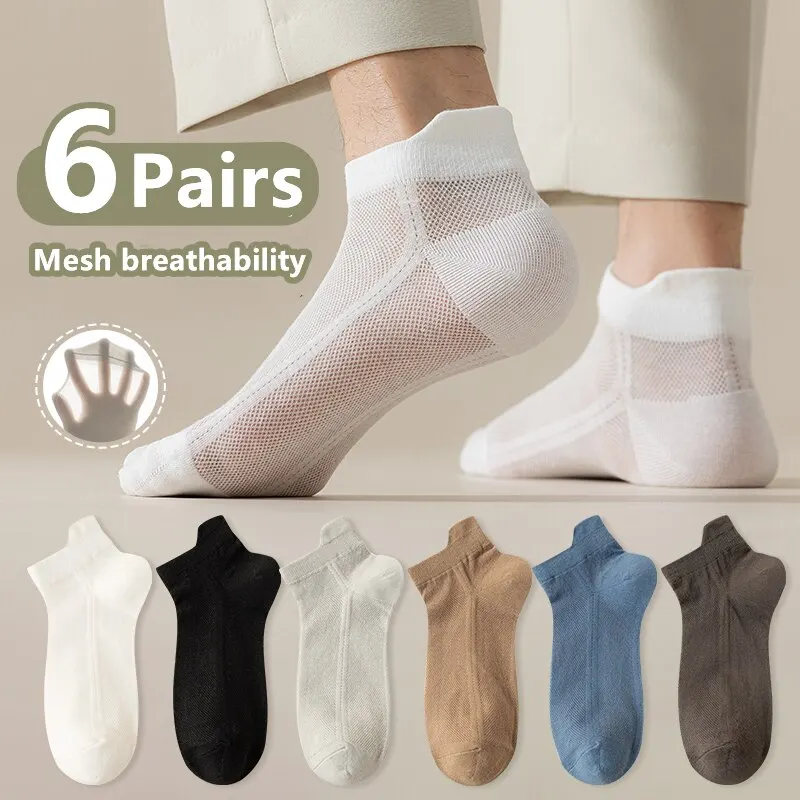 6 Pairs Cool and Breathable Mesh Socks for Men Summer Athletic Short Socks with Ear Tabs and Anti-Blister Design