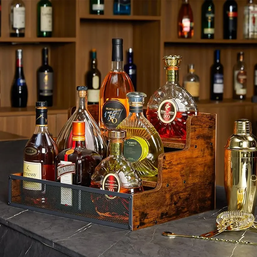 3-Tier Step Wooden Countertop Liquor Bottle Display Shelf Bottle Holder Stand Wine Rack