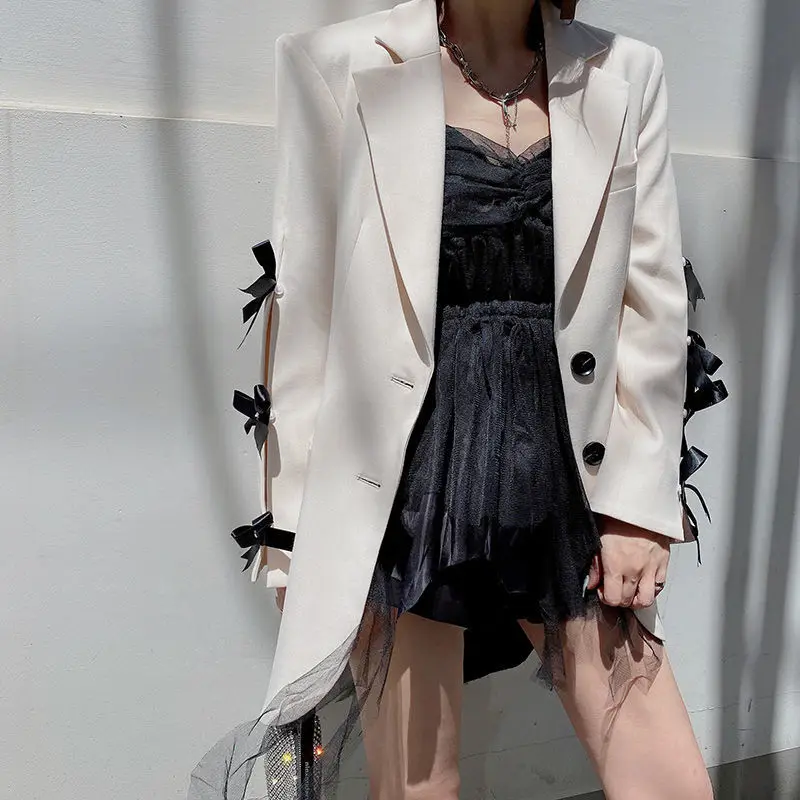 KUSAHIKI Autumn Causal Women Tailored Coat Korean Hit Color Bow Tie Hollow-out Long Sleeve Jacket 2023 New Blazers Outwear