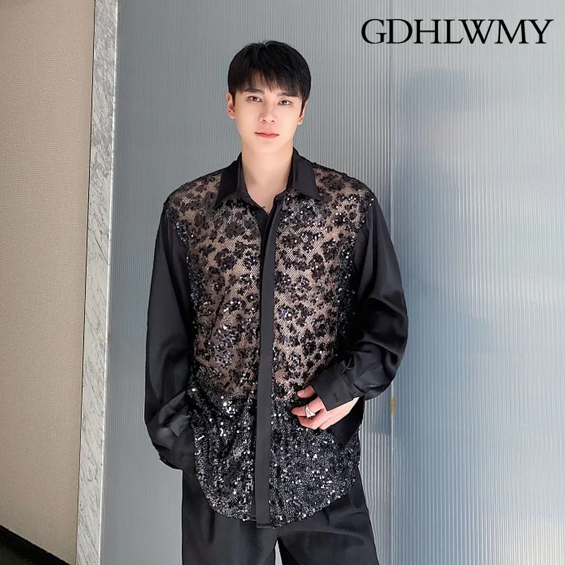 

GDHLWMY Trendy original satin sequin patchwork lapel personalized stage outfit men's and women's long sleeved shirt