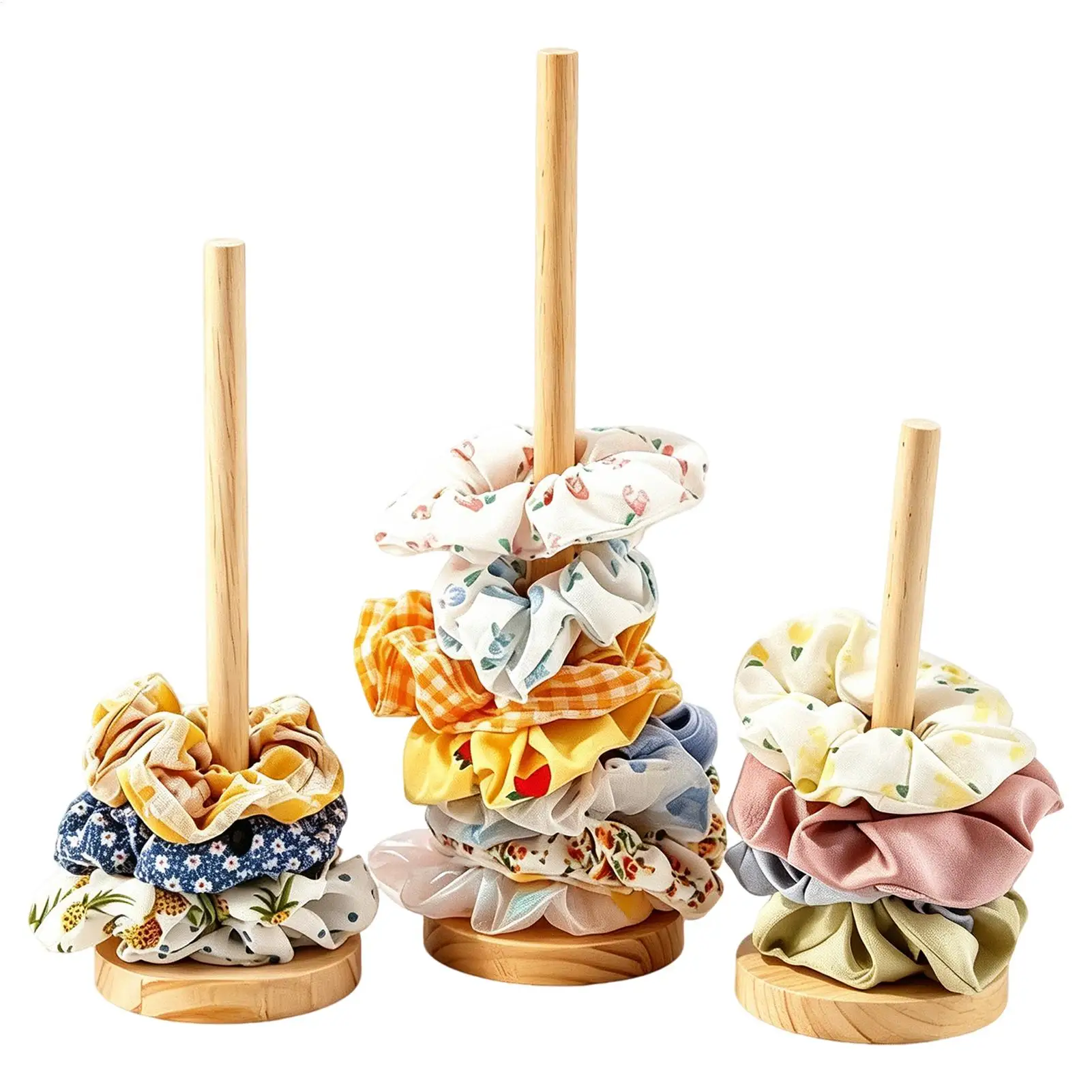 Wooden Scrunchie Stand Hair Tie Organizer 3 Piece  Hair Accessory Organizer for Bathroom Bedroom Desk Closet Office Dorm Home