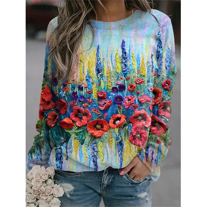 New Flower Hoodies Floral Oil Painting 3D Print Sweatshirts Women Y2k Hoodie Streetwear Oversized Pullovers Tops Woman Clothing