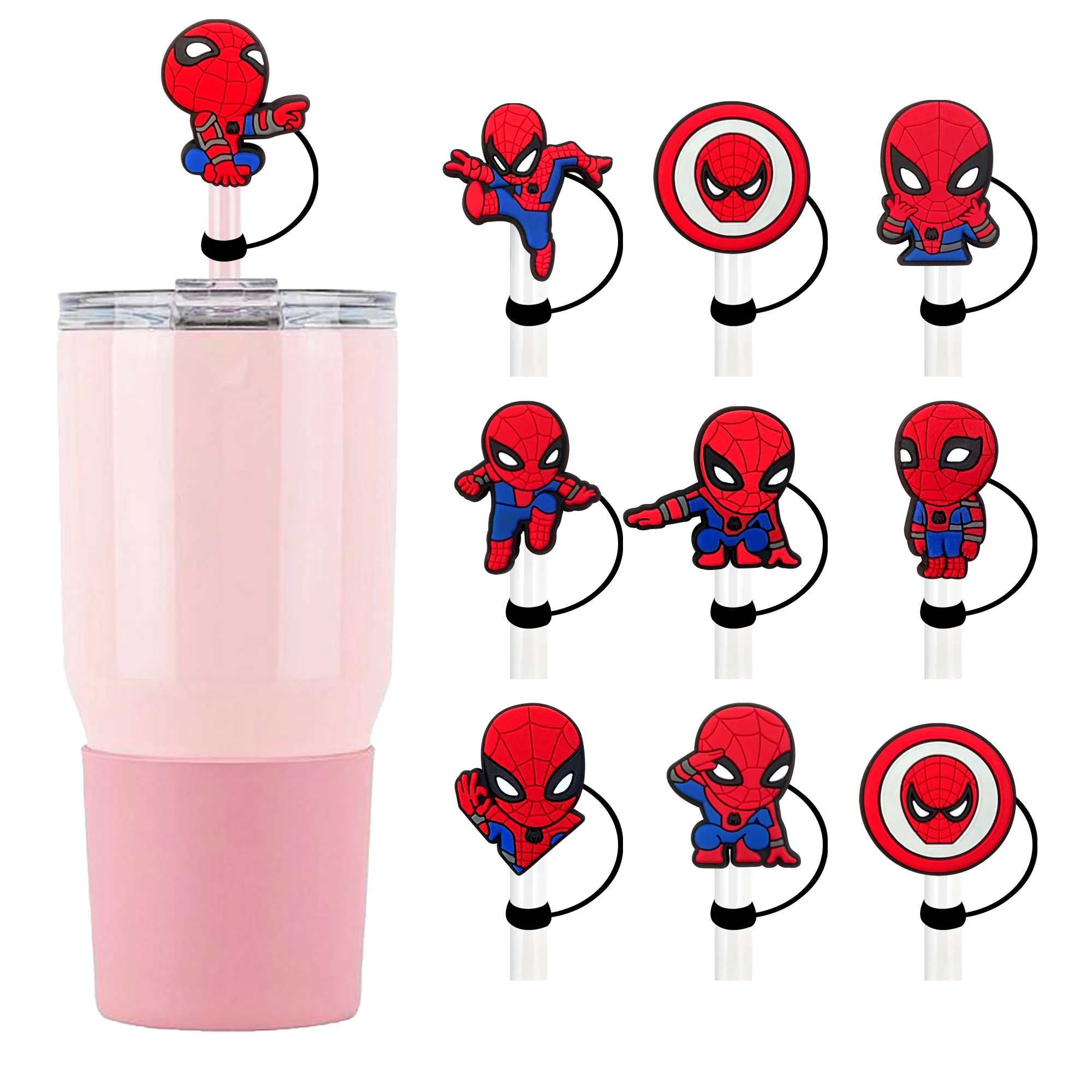 1-9Pcs Spideman Avengers Drinking Snacks Foods traw Cover Cap Dust-Proof Reusable Straw Tips Lids Leak-proof Dust Proof
