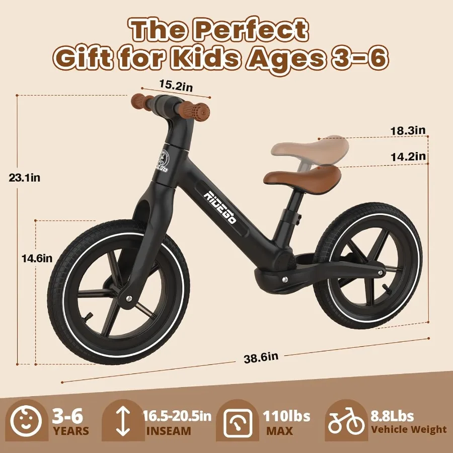 14 Inch Balance Bike for 3 6 Years Lightweight Toddler Bike with Air Rubber Tires Adjustable Seat Durable Push Bicycle Gift for