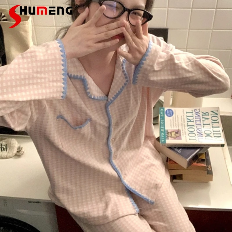 

Thickened Velvet Pajamas for Women Autumn Winter Warm Pink Plaid Homewear Set Female Japanese Style Outerwear Loungewear
