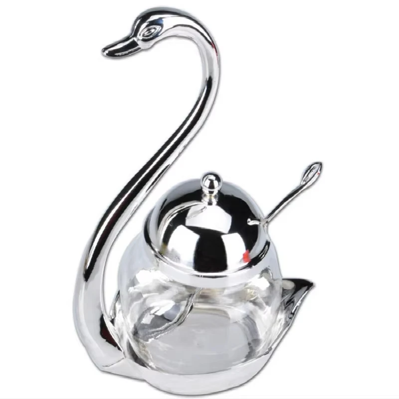 Kitchen Tableware Sugar Pots Zinc Alloy Swan Glass Seasoning Box Salt Shaker Caster Flavoring Sugar Bottle With Spoon