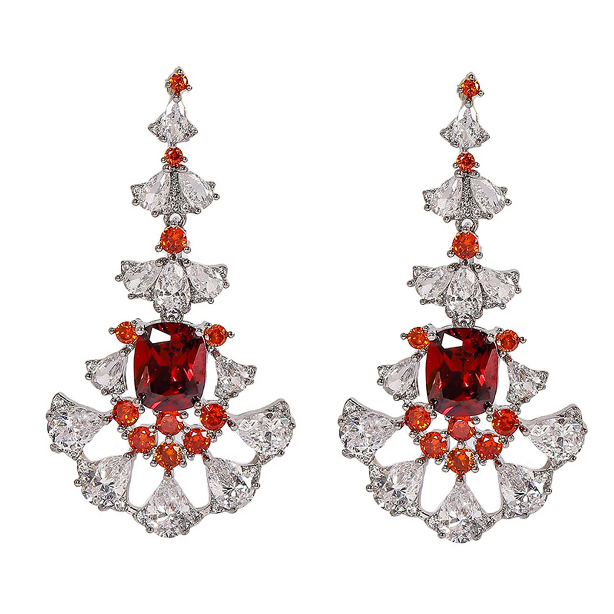 

2025 new trendy earrings yellow red waterdrop fan shaped pendant earrings shiny zircon copper jewelry evening party female gift