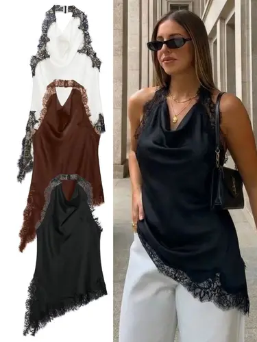 Imagen 1 del producto Top Halter con Espalda Descubierta y Encaje Sexy para Mujer, Primavera 2026, Top de Verano con Hombros Descubiertos, Camisola Asimétrica de Satén