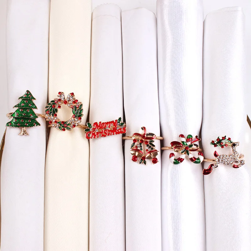 

Christmas Napkins Tissue Rings 6pcs Diamond Metal Buckle Hotel Dinner Parties Table Decoration Bell Reindeer Christmas Trees