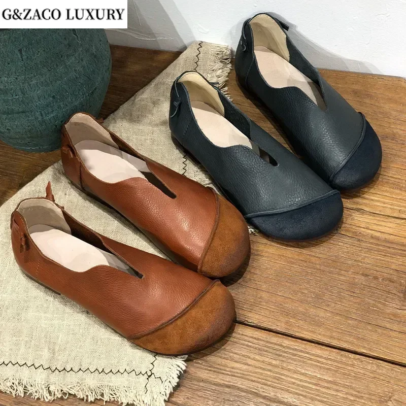 Handmade Genuine Leather Shoes Retro Soft Flat-bottomed Round Toe Casual Loafers Cowskin Shoes Women Driving shoes