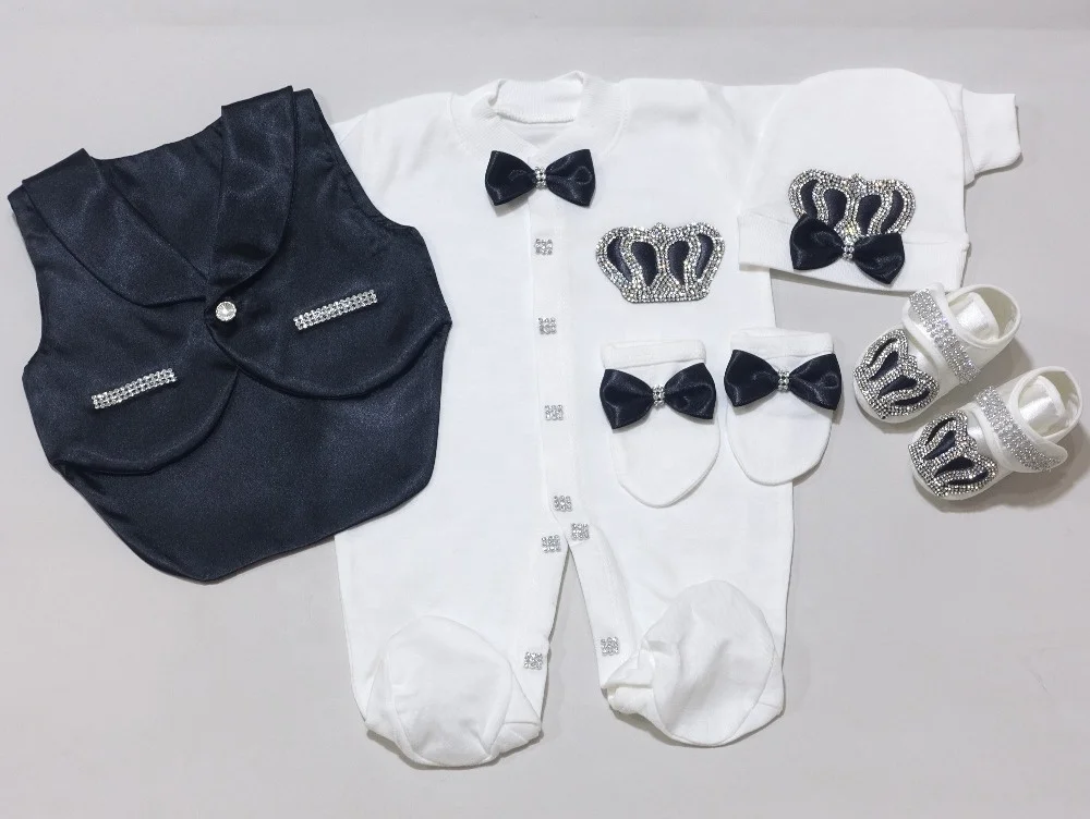 Dollbling 5 Pcs wholesale Custom Newborn Long Sleeve Bubble Clothes Clothing Jewel Crowned Vested New Born Baby Set