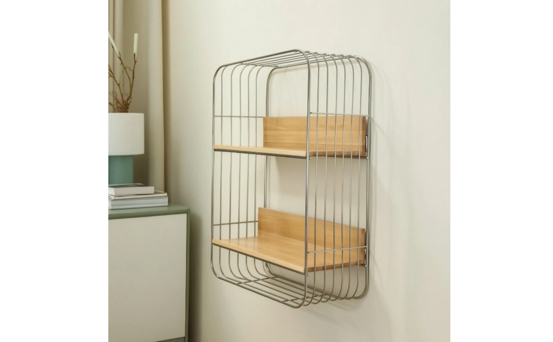 Wall-Mounted Storage Rack Two-Tier Shelf with Wooden Boards Open Shelf Rack Stainless Steel Furniture Metal Frame for Kitchen