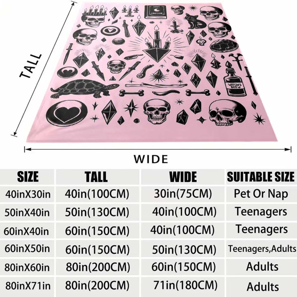 2026 New Gothic Witchcraft Flannel Blanket Pink Black Skull Crystal Bat Mystic Symbol Print, Soft All Season Large Throw