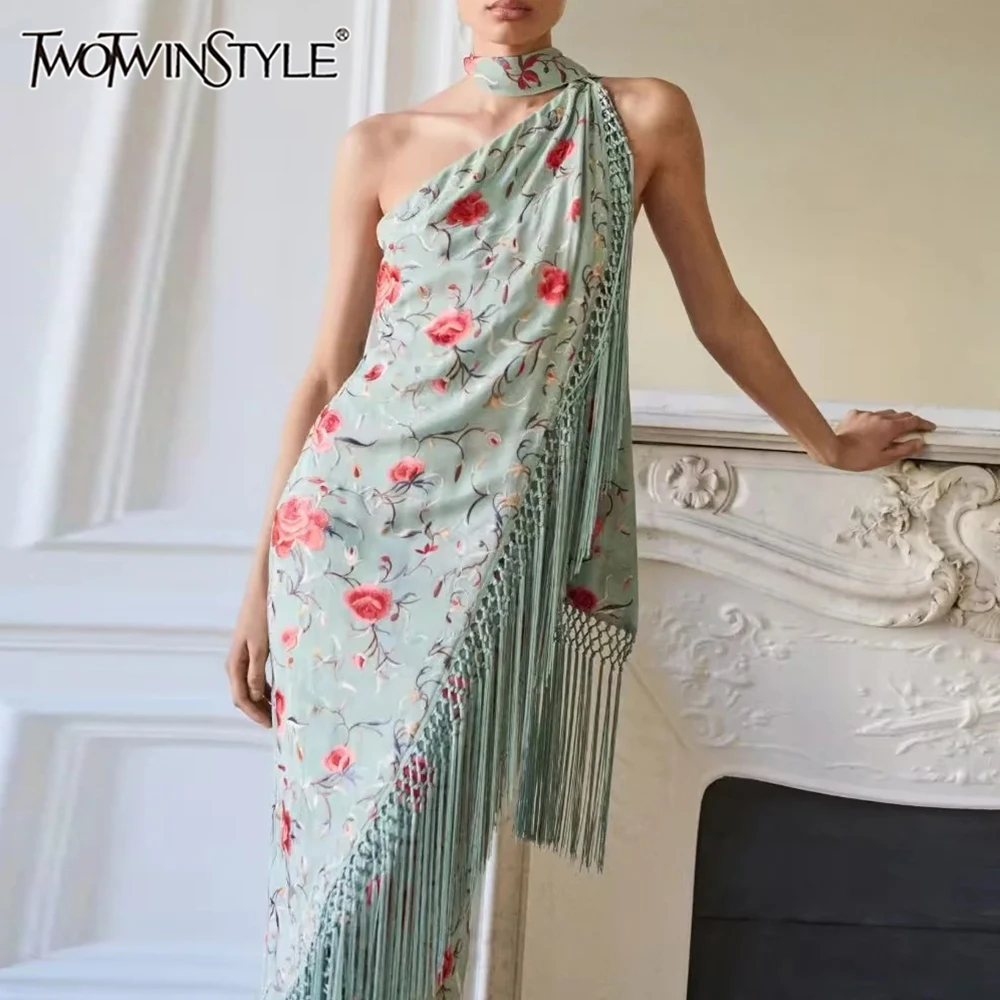 TWOTWINSTYLE Bohemian Printed Asymmetrical Dress for Women Diagonal Collar Sleeveless High Waist Spliced Tassel Dresses Female