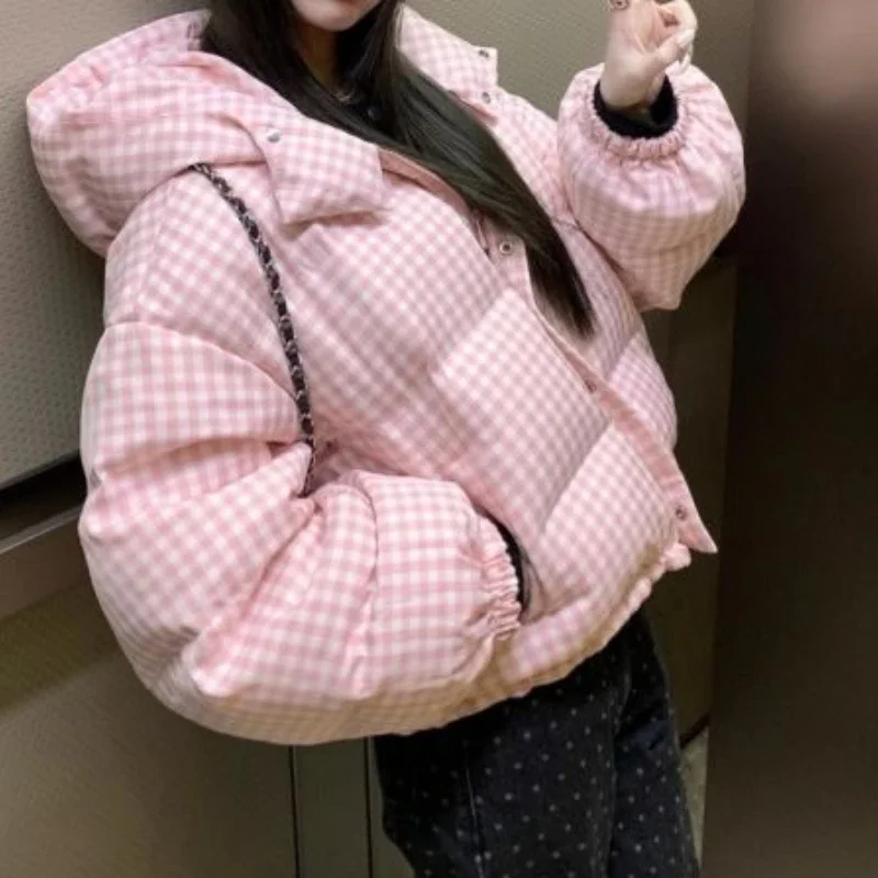 Winter Down Cotton Clothes Women's New Pink Plaid Loose Small Short Hooded Jacket