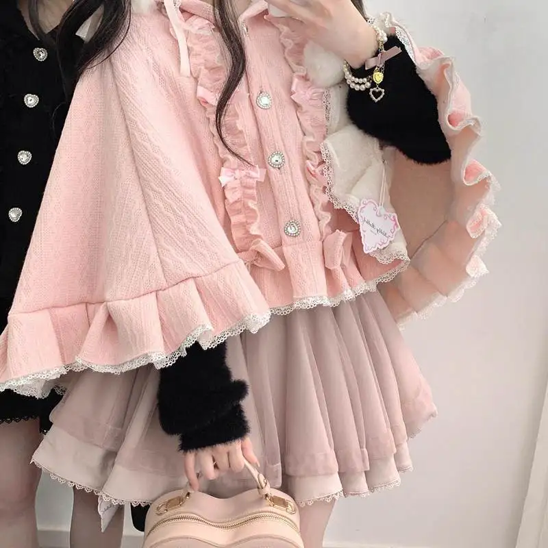 اليابانية فيانج ملابس خارجية الملابس الدافئة القوس الكشكشة مقنعين العباءات لوليتا نمط الحلو Kawaii الرؤوس معطف المرأة الخريف الشتاء