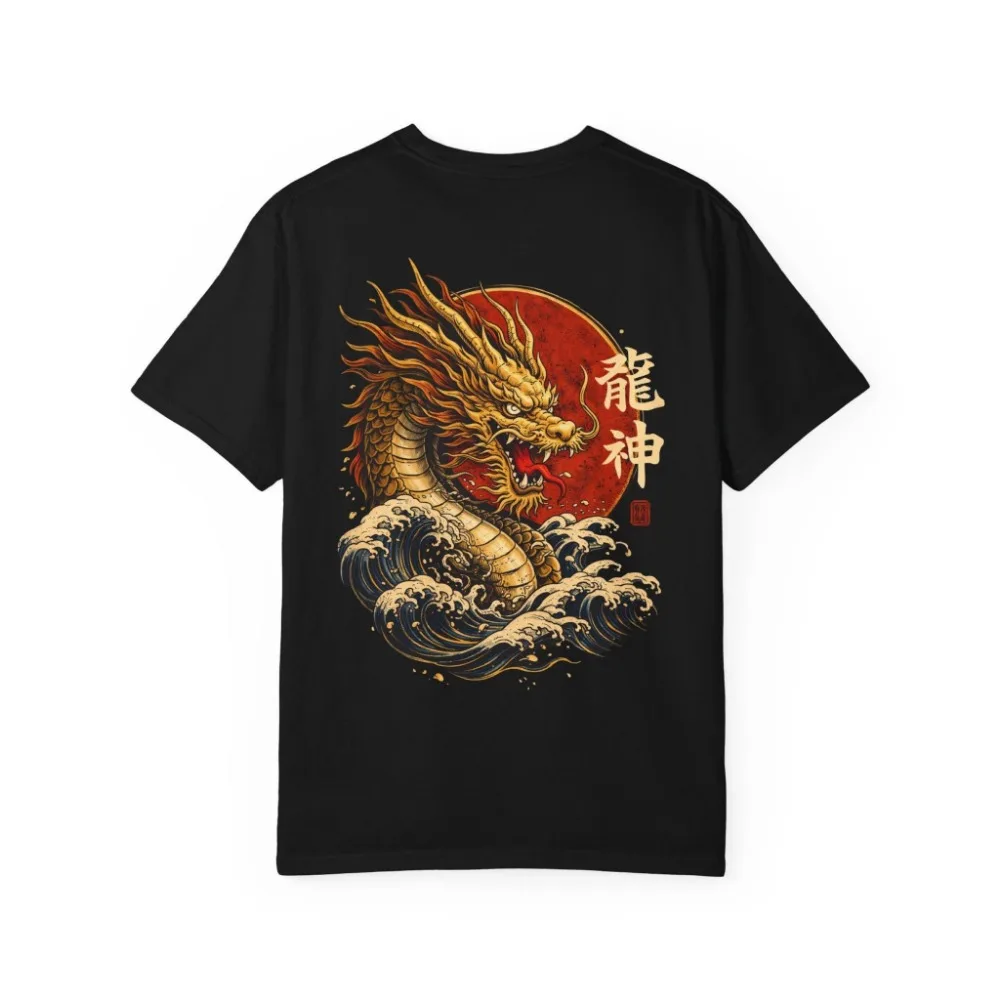 Japanese Dragon God 3DPrint Men T‑Shirt Retro Ukiyo‑e Wave Graphic Tee Vintage Oriental Culture Short Sleeve Casual Black Tshirt
