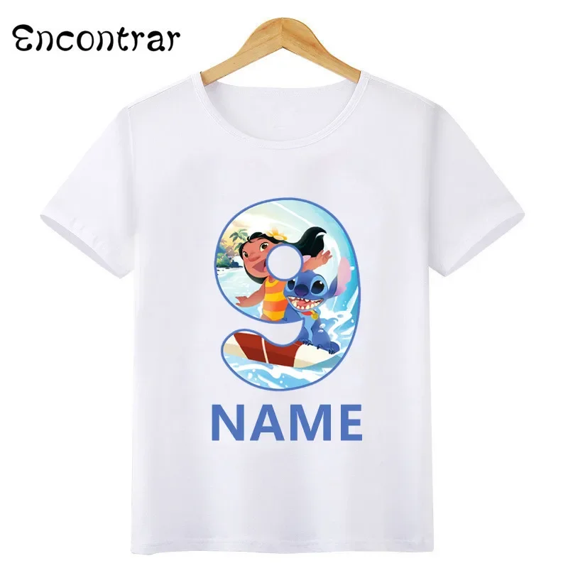 Disney Lilo & Stitch Number Bow Print T shirt Cartoon Kids Clothes 1 2 3 4 5 6 7 8 9 Years Birthday Girls T-Shirts Baby Tops