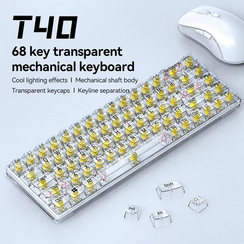 Factory Wholesale T-WOLF T40 Transparent Keyboard 68 Keys Yellow Axis Red Axis Mechanical Keyboard RGB Wired Keyboard for Gaming