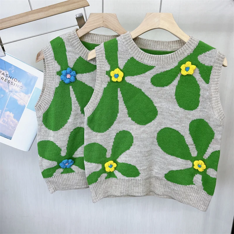 Jacquard Colorblocking Embroidered Flower Knit Vest Sleeveless Pullover Sweater Tops Casual O-Neck Autumn/Winter Woman Clothing