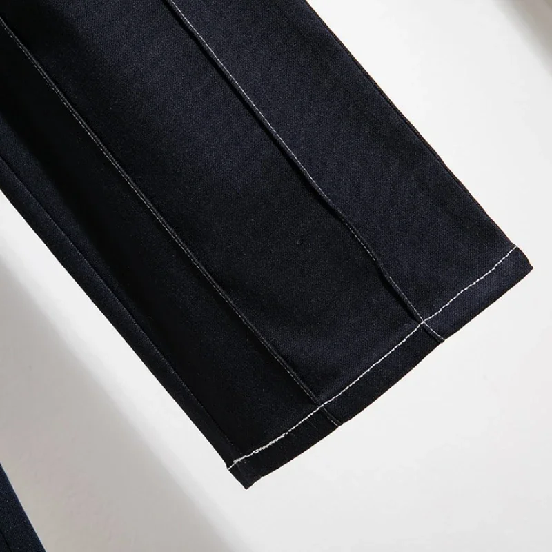 2025 ارتفاع الخصر مطاطا عادية مستقيم الساق السراويل حجم كبير واسعة الساق محبوك الدينيم الجينز النساء الخريف تنوعا التخسيس Capris #6