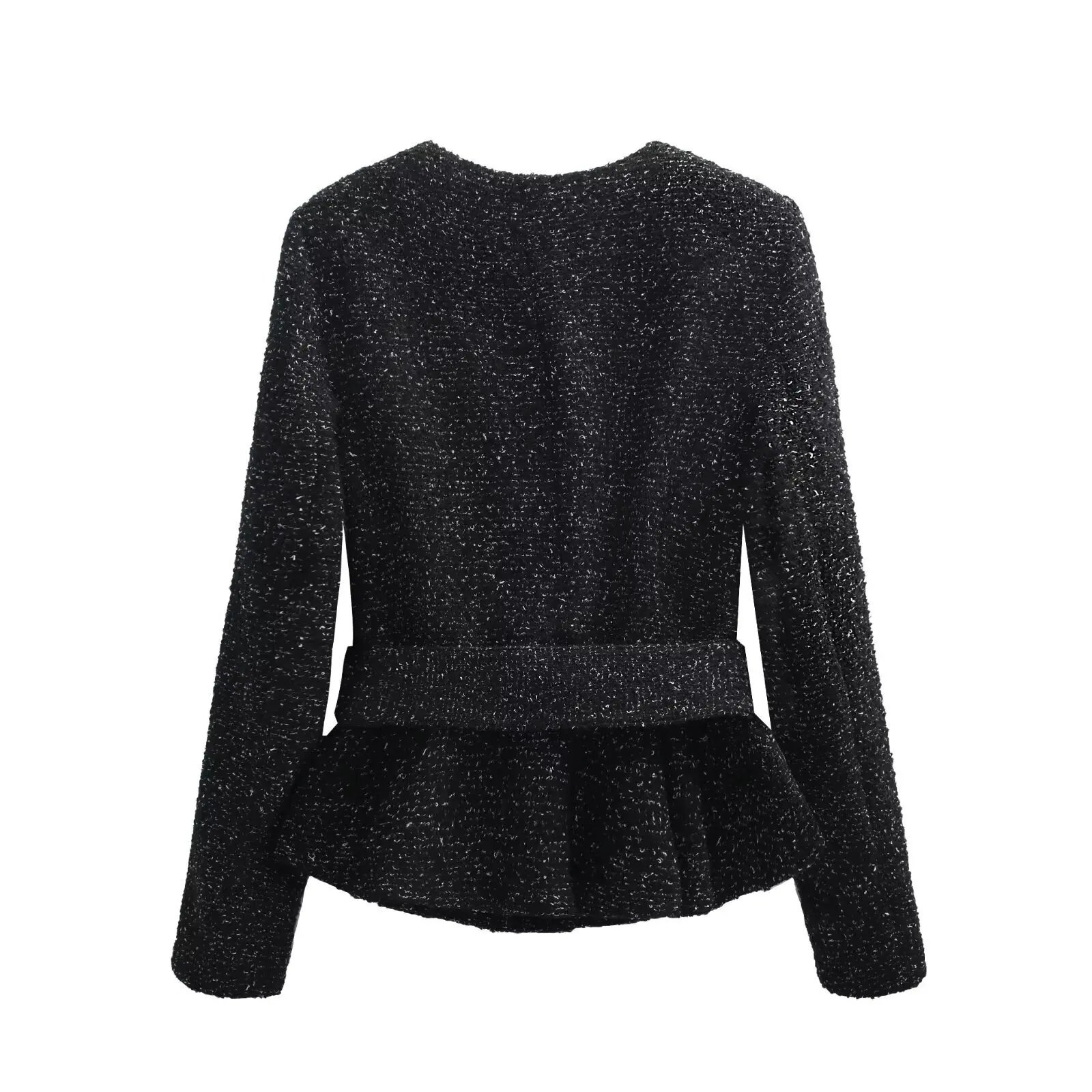 Dave&Di French Office Lady ELegant Tweed Minimalist Textured Round Neck Suit Jacket With Belt Women's Jacket Woman Clothes Tops