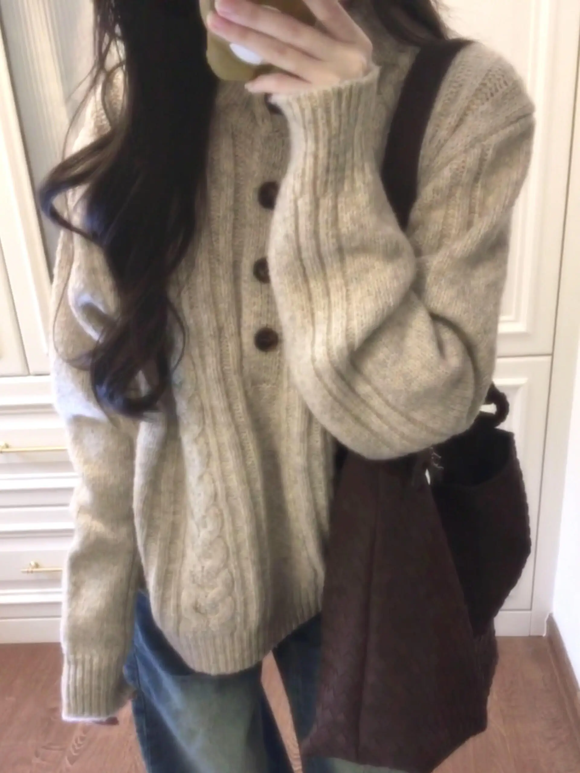 Senhoras soltas camisola de malha outono inverno vintage sle botão detalhe cabled neline quente dedo interior wear trabalho commute