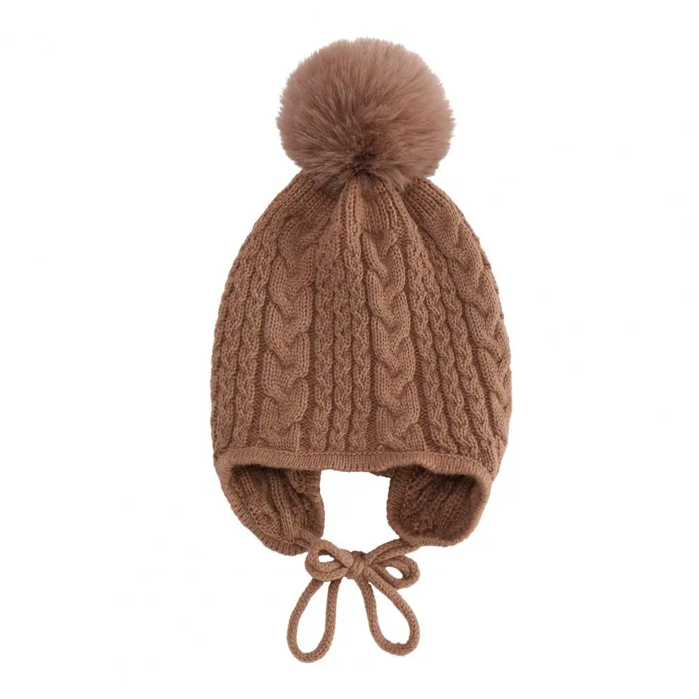 

Kids Knit Cap Cozy Plush Ball Knit Hat for Kids with Twist Texture Lace-up Design Breathable Winter Headwear for Children Warm