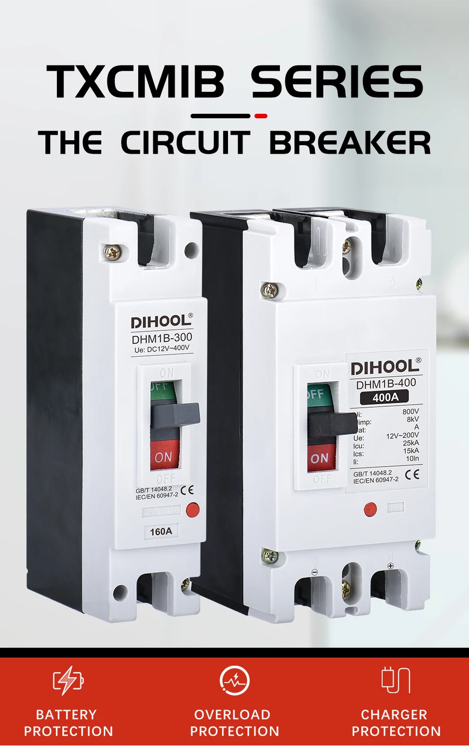 DC Mccb Circuit Breaker DC12V 24V 36V 48V 96V 120V 100A 200A 300A 400A Solar Battery Protector Car Charging Pile Isolator