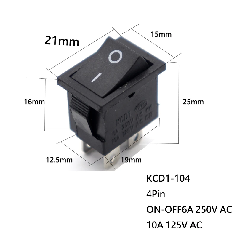 KCD1 Black Red Green LED ON-OFF 4 6 Pin 6A/250V 10A/125V Square Rocker Switch DC AC  Car Dash Dashboard Plastic Switch 21*15mm