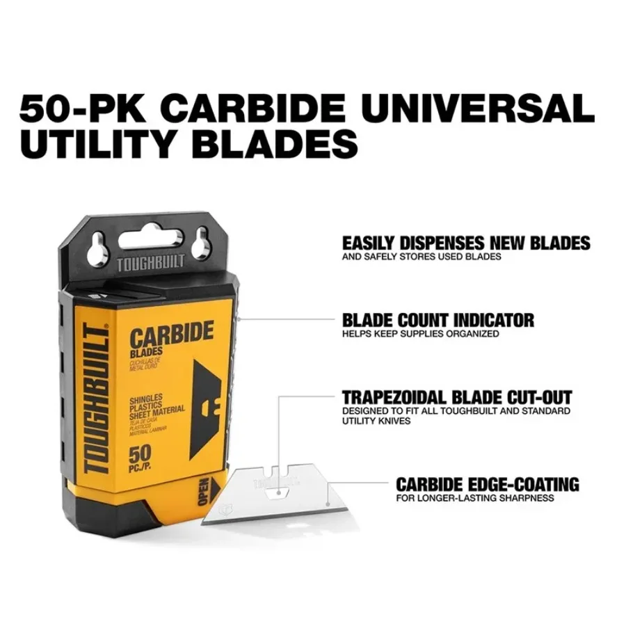 TOUGHBUILT TB-H4S50-14-50 50pcs Trapezoidal Art Knife Blades, Smart Safe Dispenser Box for Craft/Construction view 3