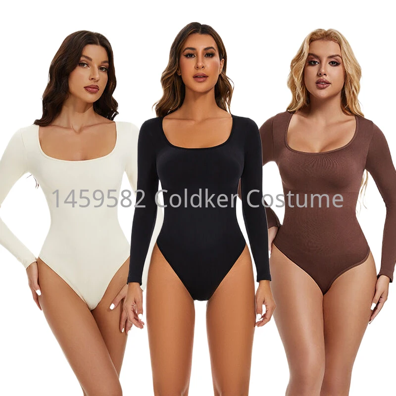 Women Seamless Long Sleeve Square Neck Thong Bodysuit Shapewear High Compression Fajas Body Shaper Tummy Control Jumpsuit Tops