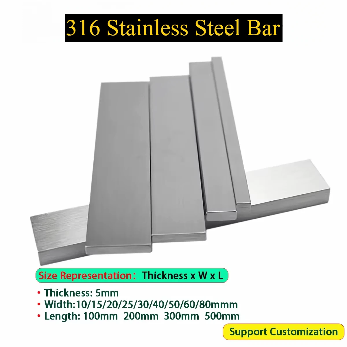 316 Stainless Steel Bar Steel Plate Rod Thk5mm Width 10/15/20/25/30/40/50/60/80mm Length 100mm 200mm 300mm 500mm Flat Bar