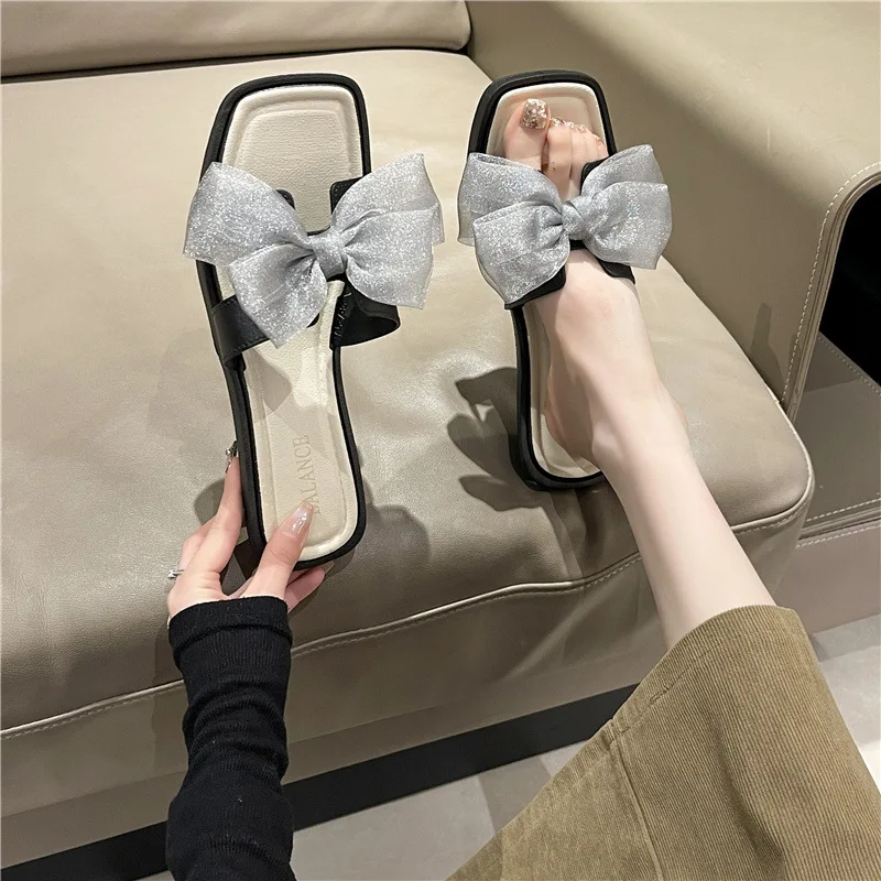 2024 new Korean version of bow slippers thick lace cool slippers women's summer wear versatile non-slip deodorant sandals