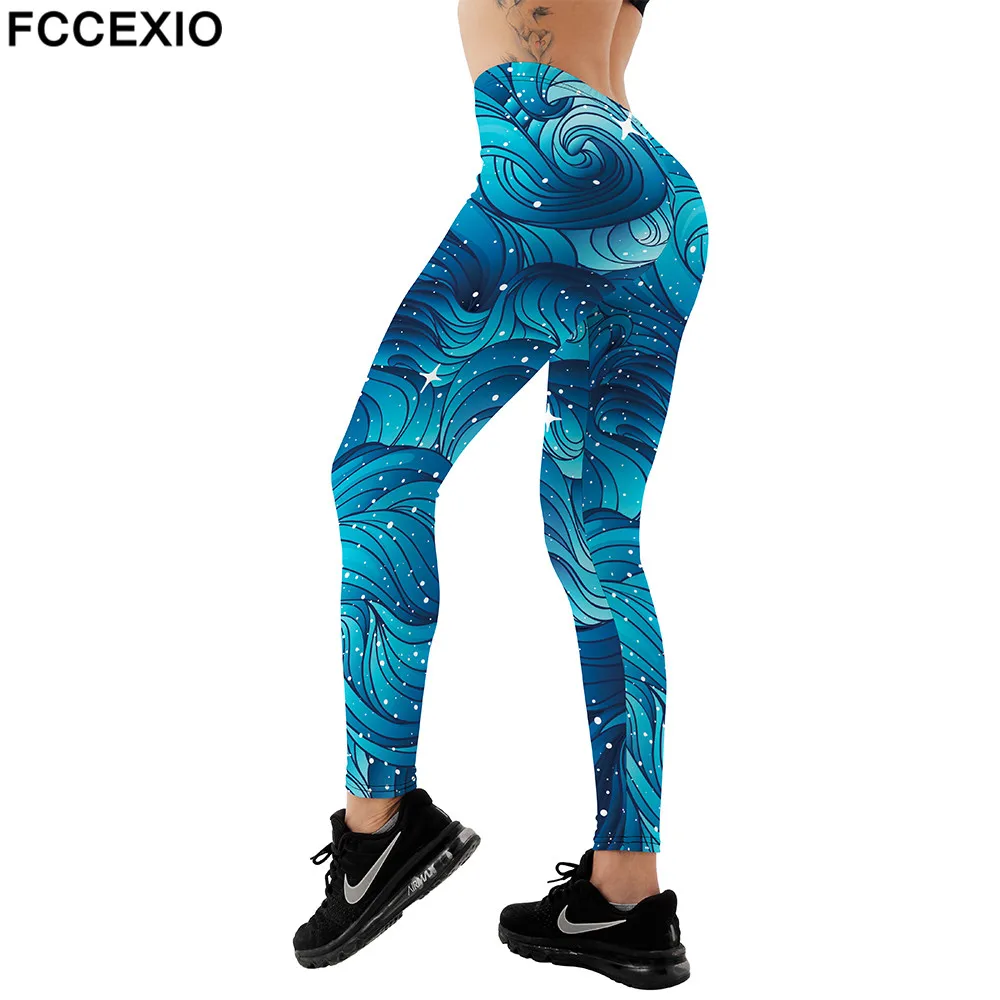 FCCEXIO Brand 3D Natural Starry Clouds or Hair Print Girl Leggings High Waist Elastic Pants Fitness Women Leggings