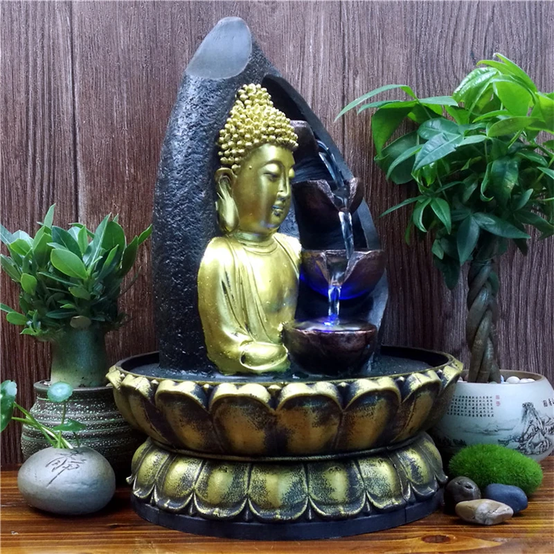 Base Buddha Statue Resin Water Running Fountain Figurines FengShui Ornament Indoor Waterscape Crafts Gardend&Home Decor