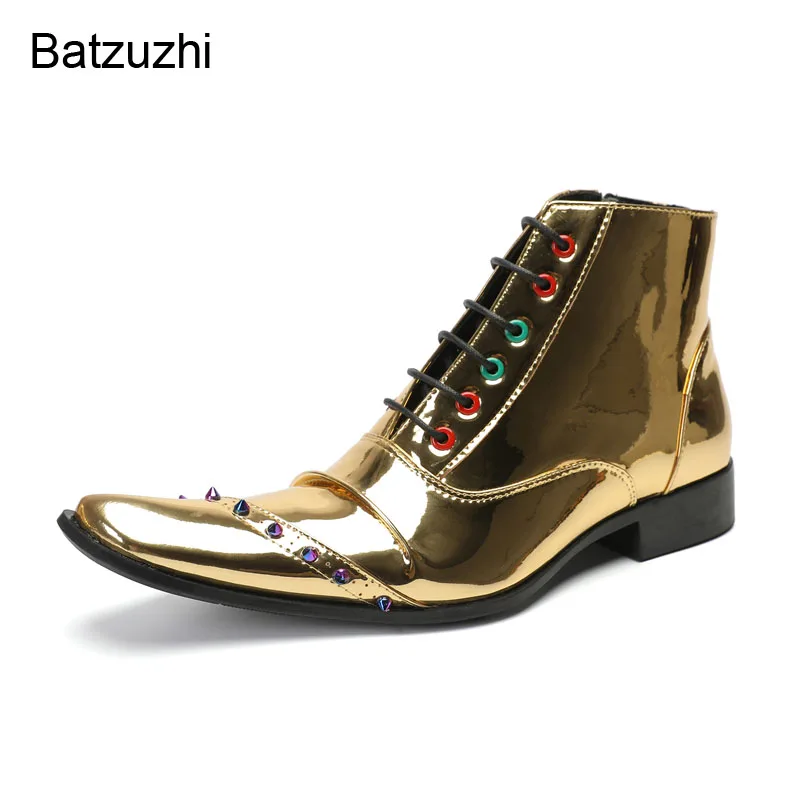 Batzuzhi Men's Boots  New Handmade Rock Personality Golden Leather Ankle Boots for Men Zip Buckle Belt Party/Wedding Botas!