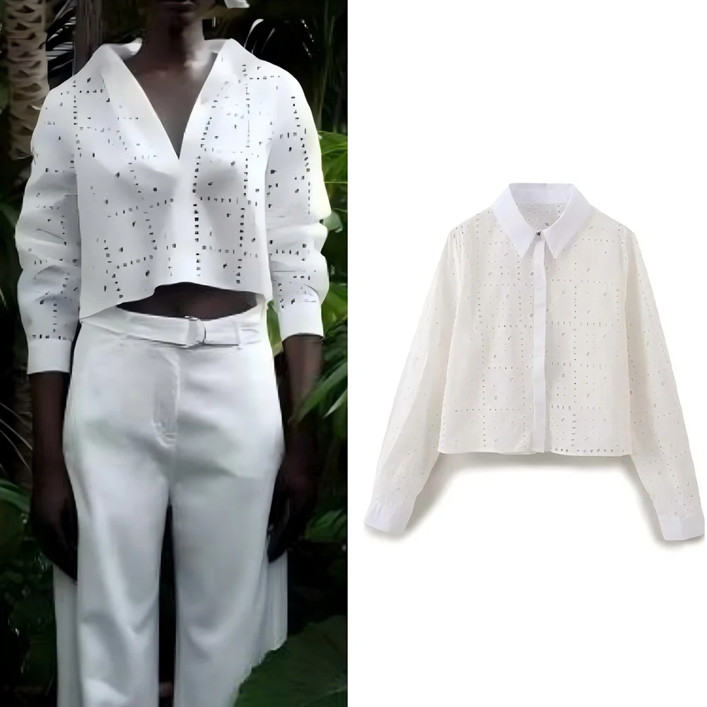 

Women's new fashion casual short hollow embroidery white shirt retro long sleeved button up women's shirt chic top