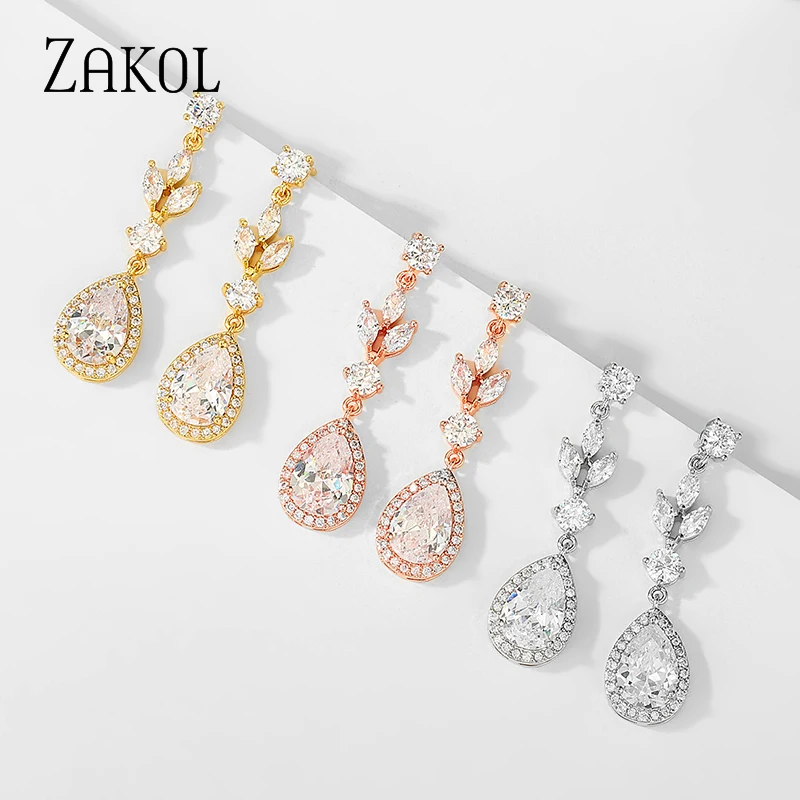 ZAKOL Fashion Leaf Bridal Earrings Water Drop Cubic Zircon Dangle Earrings For Women Wholesale EP2406