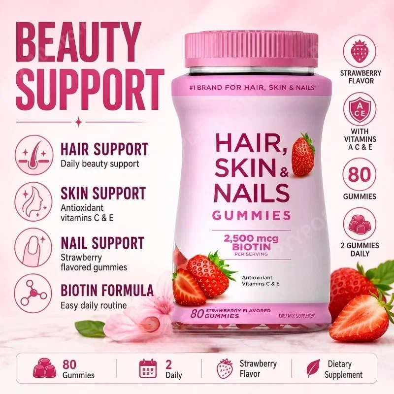 

Hair Skin Nails Gummies with Biotin 2500 Mcg Vitamins A C E Strawberry Flavored Daily Beauty Support 80 Gummies