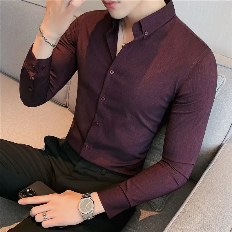 Estilo britânico camisa de manga comprida masculina 2024 outono anti-rugas macio sólido casual elástico fino ajuste camisas y blusas roupas