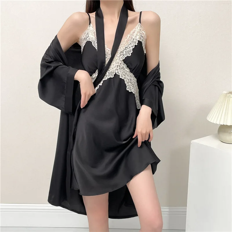 

Two Pieces Kimono Robe Set Womens Silky Satin Bathrobe Gown Sleep Suit Summer V-Neck Lace Sleepwear Nightgown Gown Lingerie