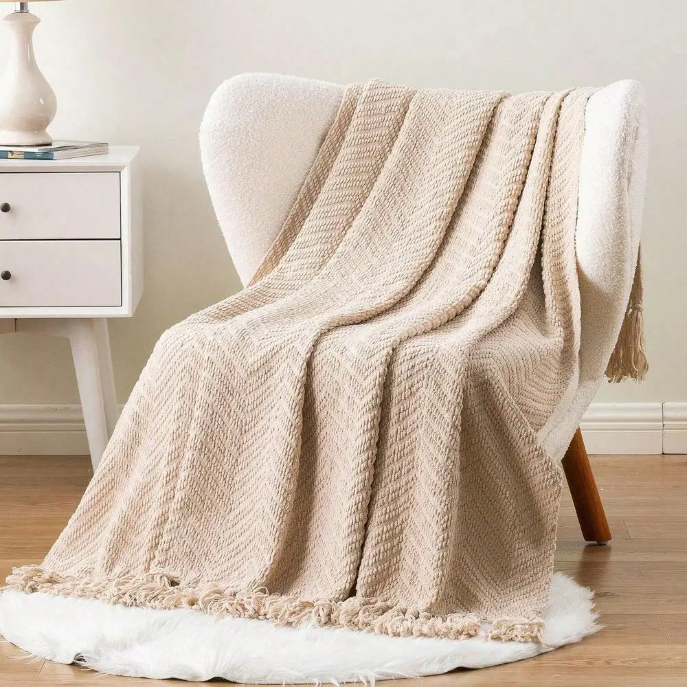 

Knitted Throw Blanket For Couch, Sofa, Bed, Cozy Warm Tan Throws, Soft Knit Blankets For Farmhouse Party Outdoor Home Decor