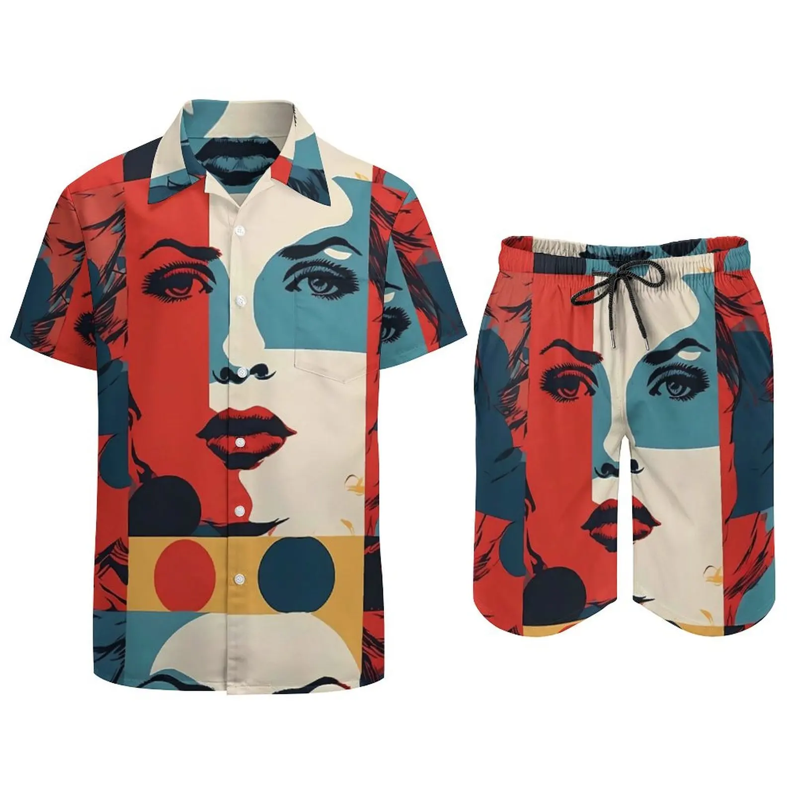 Lady Face Men Sets Pop Art Print Vintage Casual Shirt Set Short Sleeve Graphic Shorts Summer Beachwear Suit Big Size 2XL 3XL