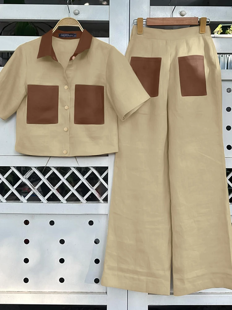 

ZANZEA Woman Fashion Contrast-Color 2 Piece Sets Lapel Short Sleeve Shirts Wide Leg Pants 2pcs Outfits Streetwear Pant Sets