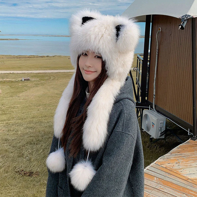 2023 Fashion Women's Fox Hair Knitted Hat Russian Korean Edition Cat Ear Scarf Hat Casual Elastic Thickened Plush Warm Hat