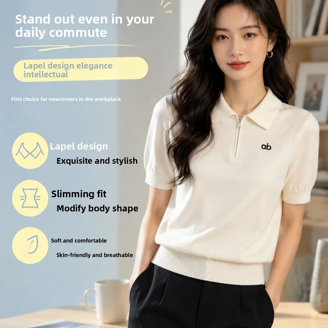 2026 Summer New Women Ice‑Silk Knit Polo Shirt Contrast Collar Half Zip Short Sleeve Slim Fit Soft Breathable Casual Tops